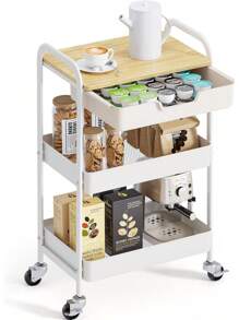 3-Tier Metal Utility Rolling Cart With Drawer And Wooden Table Top, Storage Cart White Trolley Kitchen Organizer Rolling Desk With Locking Wheels For Office, Classroom, Home, Bedroom Outdoor Decor - Light Color - View 8