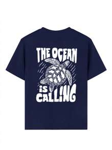 1 pieza Camiseta de manga corta con estampado de tortuga para niño preadolescente, top de verano para prepararse a jugar junto al mar - Azul Marino - Ver 6