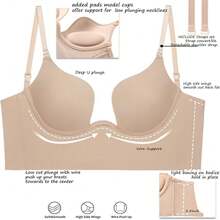 Backless Women Push Up Bra Super Boost Sexy Deep U Plunge Bra Invisible Underwear Body Shaper Shapewear Gathering Low Back With Transparent Shoulder Straps - 米色 - 查看 4