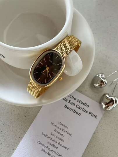 Vintage Oval Dial Women's Wrist Watch, Elegant Mini Dial, Wheat-Ear Strap, Fashion Office Style