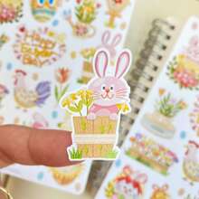 3 STUKS Handgemaakt Stickervel - Pasen | Esthetische Stationery Stickers Met Konijntjes En Bloemen. Geweldig Voor Dagboeken, Enveloppen En Kaarten