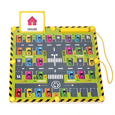 磁性字母迷宫木制学习玩具，彩色停车场拼音游戏，儿童计数和分类活动，精细运动技能培养，非常适合生日、万圣节、圣诞节礼物