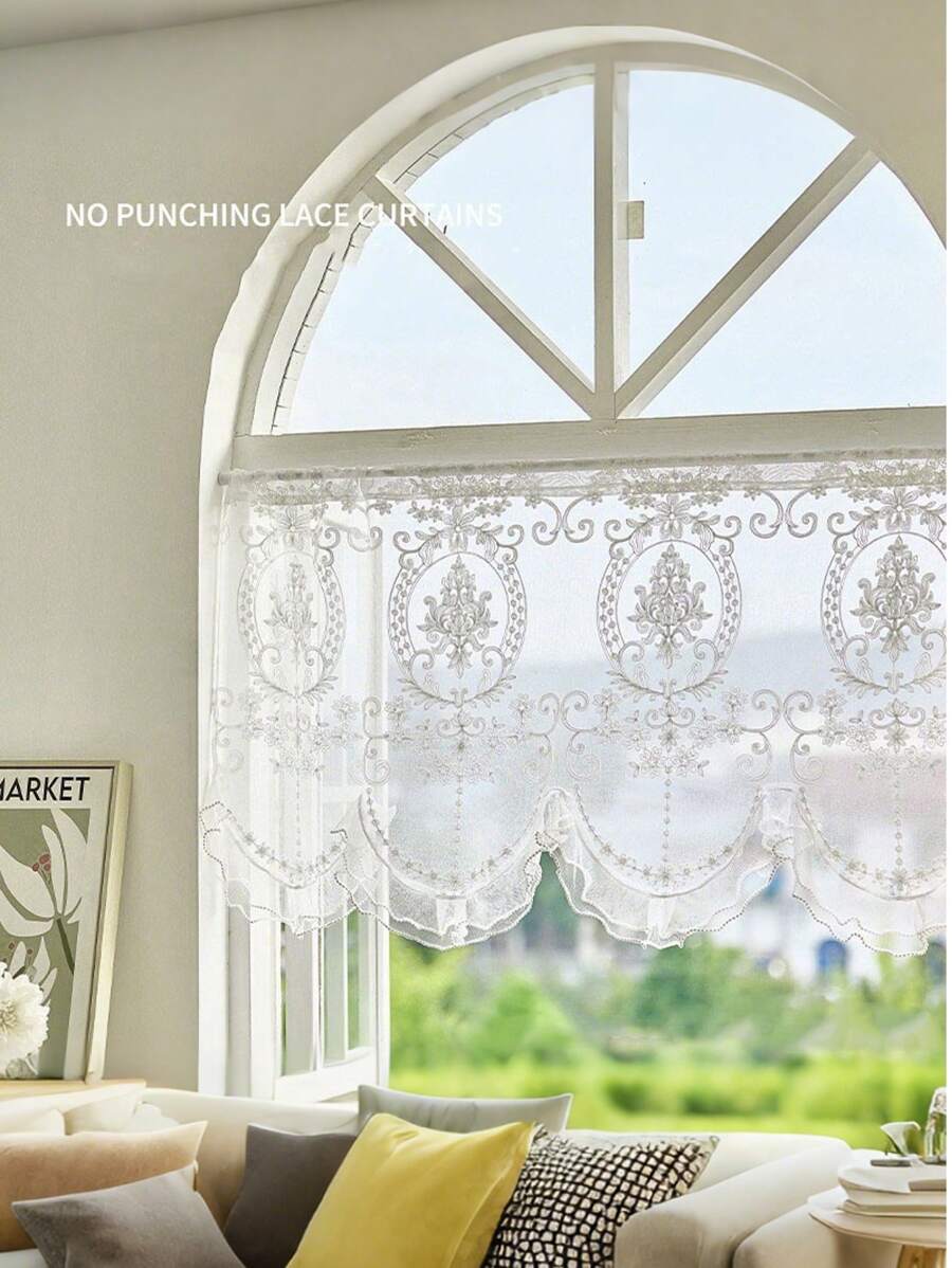 1pc French Double Pearls Lace Bottom Short Sheer Curtain High-Grade Embroidered Half Yarn Drapes For Window Kitchen Door