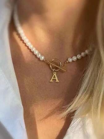 Collar clásico de perla falsa de 6mm con colgante de letra inicial A-Z y broche de palanca para mujeres, regalo de joyería