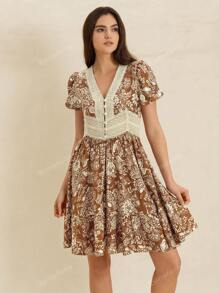 Rusttydustty Spring Linen Feel Women's Rustic Floral Vintage Dress With Lace Details Soft Romantic Short Dress For  Vacation Outfits Beach Coachella Music Festival