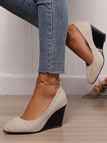 Women's Wedge Thick Bottom Slip-On Shoes, Fashion For Wedding, Party, Vacation, Work, Formal Occasions, Black High Heels For Daily Wear - Beige - View 3