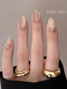 10pcs Almond Shaped Gold And Silver Handmade Press-On Nails, Suitable For Daily And Festival Wear, Reusable, Suitable For Women And Girls,Cute Press On Nails