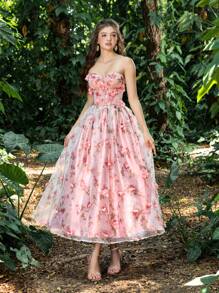 Faeriesty Princess Beauty Luxury Strapless A-Line Evening Gown With 3D Floral Embroidery & Adjustable Back Tie Closure - Formal Dresses For Gala Dinners, Wedding Receptions, Red Carpet Events