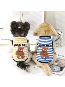 条纹卡通印花宠物背心衬衫，透气狗/猫衣服薄款无袖背心 - 藍色 - 查看 4