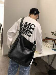 1pc PU Dual Pocket Solid Color Minimalist Sling Bag, Large Capacity Crossbody Bag, Casual Versatile Tote For Men, Korean Style Students Shoulder Bag Gift Sling Bag For Men Graduation School Supplies Book Bag Shopping Bag Laptop Bag Laptop Case - Black - View 6