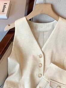 Bộ áo vest blazer thanh lịch kiểu dáng ngàn đồng xu và chân váy xếp ly chữ A cho nữ mùa xuân/hè - Màu be - Xem 4