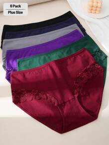 6条装加大码女士性感蕾丝比基尼低腰三角裤，弹力全包臀内裤，尺码0XL-4XL - 彩色 - 查看 6