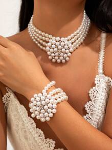 2 pièces Collier de mode de mariée, Bracelet, Perle Fausse Multi-Couche, Ras-du-cou Perlé Français, Chaîne de Clavicule, Ensemble d'Accessoires de Mariage et de Fête