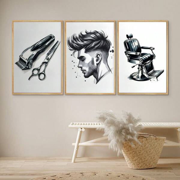 Set de 3 piezas, Pintura colgante de lienzo, Pintura decorativa enmarcada, Póster, Arte de pared, Decoración con tema de peluquería con estampado de secador de pelo, tijeras y silla, Póster de lienzo impermeable y creativo para decoración de dormitorio, oficina, sala de estar, cafetería, bar, hogar y dormitorio