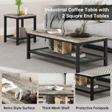 Coffee Table Set Of 3, Industrial Coffee Table With 2 Square End Side Tables, Living Room Table Set With Metal Frame For Apartment Home Office - Xám - Xem 6
