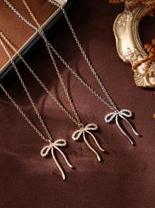 1 件时尚可爱风格金银蝴蝶结吊坠项链，镀 18K 金，适合日常和派对佩戴，女士珠宝礼物 - 蝴蝶結 - 查看 3