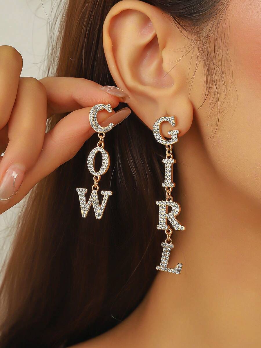 1 对西部牛仔女牛仔字母设计水晶镶嵌耳环，适合女性、日常和节日礼物 - 字母耳環 - 查看 1