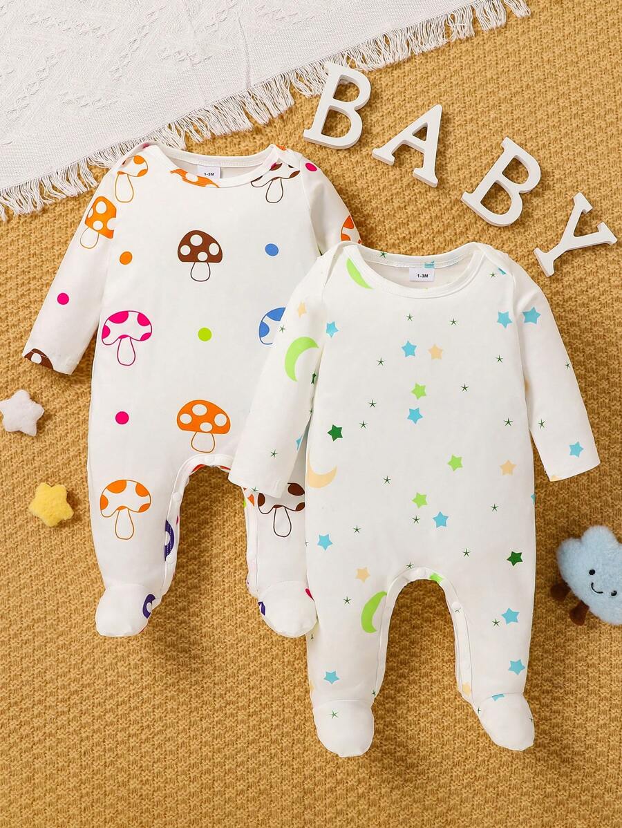 2pcs/Set Cute Mushroom Print Footie Jumpsuit - White - View 1