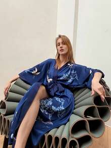 Neo-Traditional Chinese Style Crane Print Mid-Length Loose Kimono Cover Up, Lightweight Summer Tie-Waist Robe, Outerwear - Blue - View 7