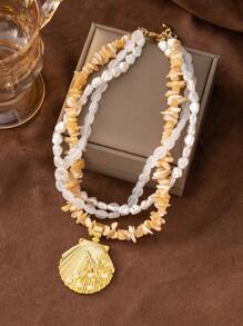 قلادة عقدة نجمة البحر ذات الطبقات للنساء المرتبطة بالشاطئ والبحر، مصنوعة يدويًا من الأصداف