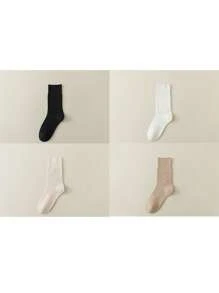 4 đôi tất cổ cao màu trơn không xương dành cho nữ, tất cổ cao màu trắng, thoáng khí, phù hợp mặc hàng ngày, sau sinh, mùa thu - Nhiều màu - Xem 38