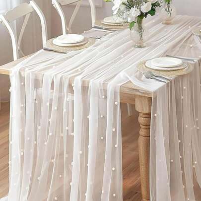 1 件仿珍珠装饰桌旗、婚礼白珍珠薄纱桌布、婚礼拱门装饰、接待新娘送礼会、派对装饰、椅子飘带、活动背景墙装饰、圣诞节、婚礼装饰尼龙网眼面料新款珍珠镂空网眼面料情人节派对装饰家庭聚会礼物生日毕业生日装饰单身派对夏季海滩返校学校用品房间装饰