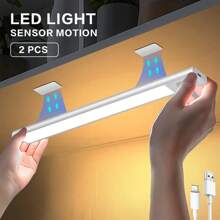 2pc - LED Motion Sensor Under Cabinet Light, USB Rechargeable Kitchen Light Strip, Induction Light, Wardrobe Lighting, Adjustable Color Temperature, Suitable For Kitchen, Wardrobe, Stairs