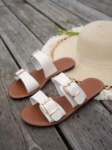 2025新款复古扣饰露趾平底凉鞋，夏季沙滩装 - 白色 - 查看 5