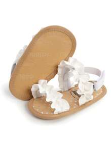 婴儿女童夏季凉鞋带花朵蝴蝶结软底婚纱平底鞋新生儿学步鞋婴儿床正装鞋 - 白色 - 查看 9