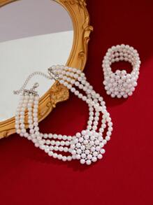 2 pièces Collier de mode de mariée, Bracelet, Perle Fausse Multi-Couche, Ras-du-cou Perlé Français, Chaîne de Clavicule, Ensemble d'Accessoires de Mariage et de Fête