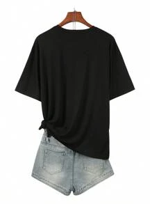 Plus Size Letter Print T-Shirt, Short Sleeve Crew Neck Casual Top For Summer & Spring, Women's Plus Size Clothing - Black - View 2