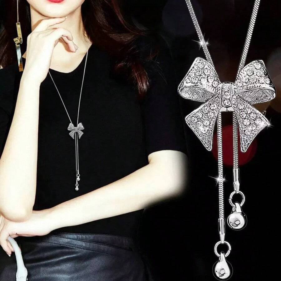 1 pieza Collar ajustable con lazo de cristales de moda - Plateado - Ver 1