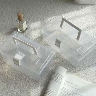 1 pieza Caja de almacenamiento transparente estilo Ins para escritorio, caja a prueba de polvo inspirada en dormitorios estudiantiles, gabinete portátil multifuncional para medicamentos para uso doméstico