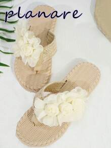 planare Women's Fashion Versatile Party & Holiday T-Strap Sandals With Multiple Cute White Fabric Flower Decorations, Woven Raffia Upper, Round Toe, Slip-On, Ultra-Lightweight Anti-Slip EVA Sole, Comfortable Casual Indoor Outdoor Beach Pool Slippers For Shorts, T-Shirts, Dresses - White - View 3