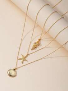1 Set de collares minimalistas de moda con colgantes de estrella de mar, concha y caracol, adecuado para uso diario, salidas, viajes a la playa, vacaciones, regalo para la novia