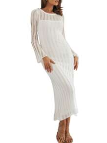 Womens Summer Beach Dress Casual Long Sleeve Round Neck Hollow Out Solid Color Knit Dress - 白色 - 查看 4