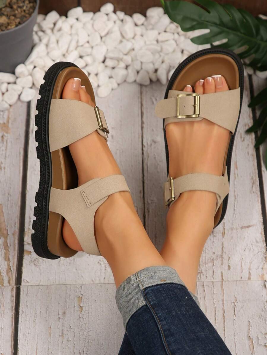 女士户外休闲厚底减震舒适真皮带扣时尚凉鞋，加大码 - 米色 - 查看 1
