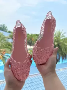 Women's Summer Hollow-Out Flat Jelly Crystal Sandals Closed Toe Soft Beach Shoes - Pink - View 4