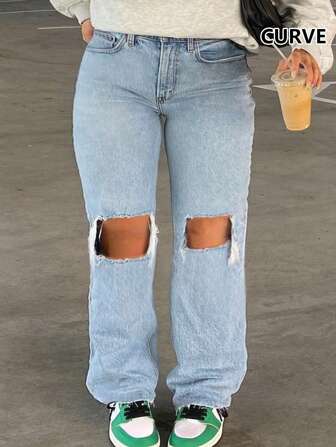 TOP Hot Selling American Hot Girl Street Loose Casual Ripped Mid-Rise Waist Elastic Elastische taille Plus Size Damesjeans