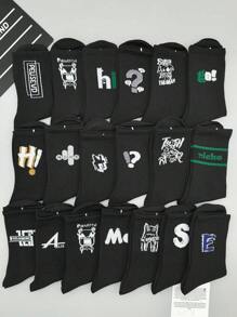 10 双随机黑色男士中筒袜，字母和卡通图案，情侣休闲风格运动袜