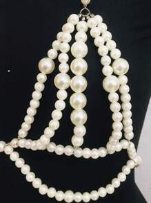 1pc Vintage Sexy Bohemian Pearl Bead Chain Fringed Necklace Backless Bikini Chain Top, Fashion Accessory Suitable For Women