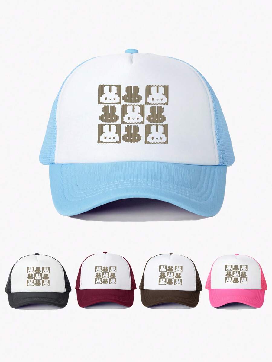 1 pieza Gorra de béisbol de malla con estampado de conejito de Pascua para hombres, ajustable, para uso en exteriores, protección solar, adecuada para viajes de primavera/otoño, playa, jóvenes, estilo Y2K, gorra de camionero de red