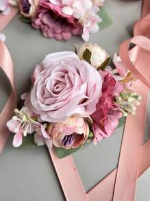 1pc/6pcs Rose Casual Polyester Lapel Pin & Wrist Flower For Groom Men, Party Wedding Decoration, Pink Artificial Flowers Valentine's Day Accessories - 6 Pcs Wrist Flowers - View 13