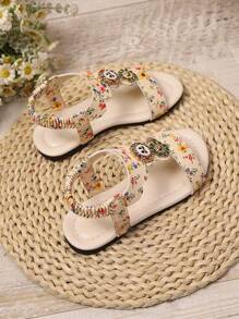 1 双加大码象牙色幼儿/小女孩闪光扣带平底凉鞋，圆头，松紧后跟，适合 3-16 岁女孩，休闲/度假/旅行，2025 年春夏新品 - 米色 - 查看 5