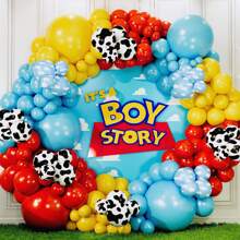 102 piezas Juego de arco de guirnalda de globos, arco de globos de látex con estampado de vaca en rojo, amarillo y azul, perfecto para decorar fiestas de cumpleaños, duchas, y fiestas con temática de dibujos animados de vaqueros