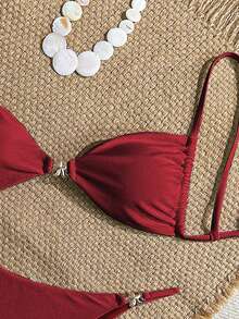 女士性感比基尼两件套，配有亮面配饰和特殊面料 - 酒紅色 - 查看 3