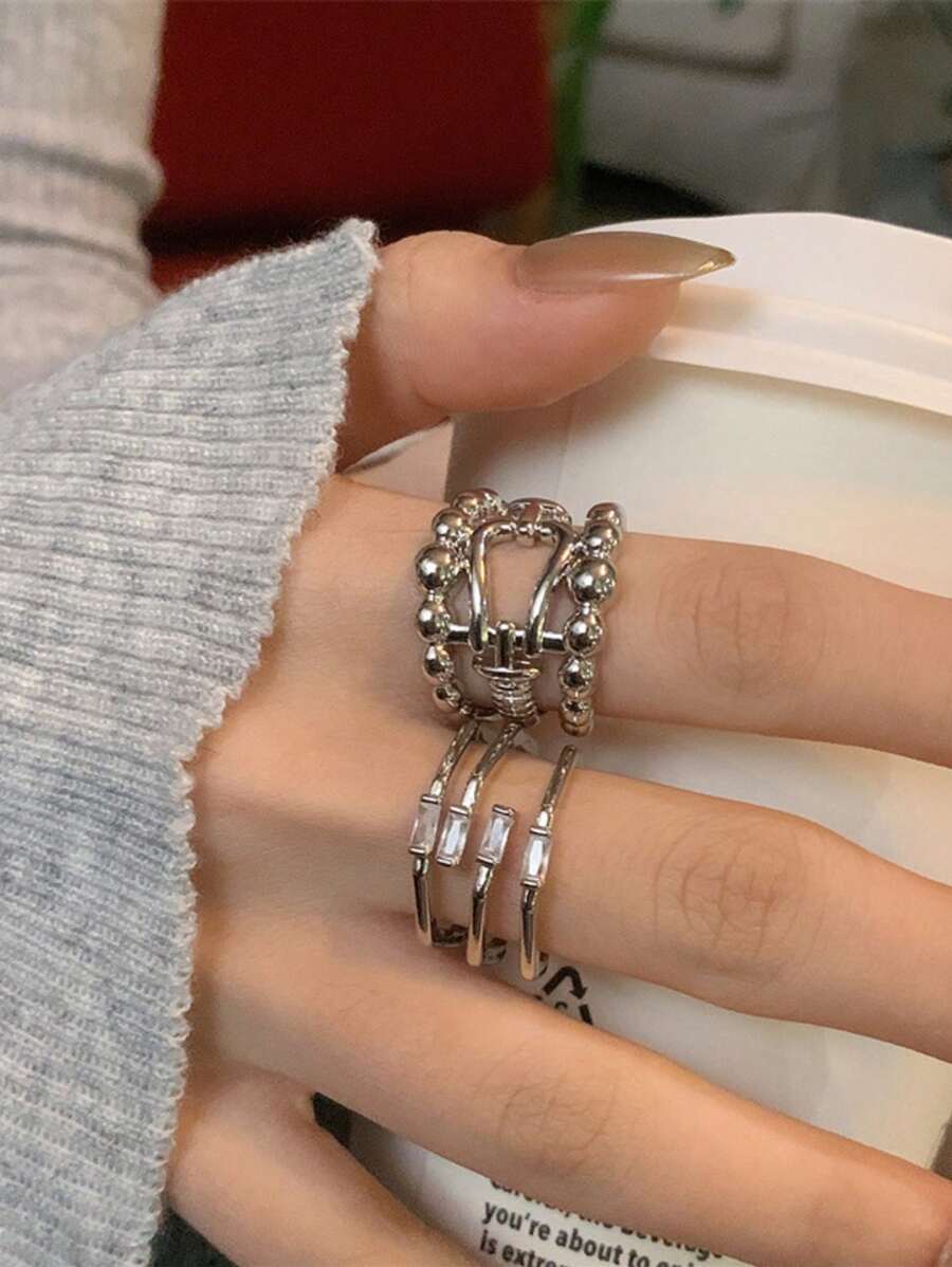 1 件装女士银质指环几何方晶锆石空心宽口戒指男女时尚婚礼派对手指首饰礼物