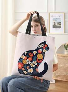 Cat Pattern Double-Sided Printed Linen Shoulder Tote Bag Shopping Bag Shoulder Bag Casual Travel Beach Bag Large Capacity Reusable Shoulder Shopping Bag