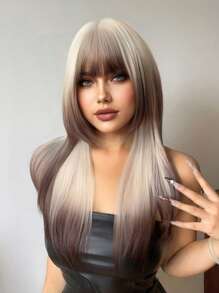 1-Piece Synthetic Heat-Resistant Chocolate Brown-Green Ombre Wig With Bangs 24 Inches Long Fully Machine-Woven Natural And Realistic Mermaid-Style Wig