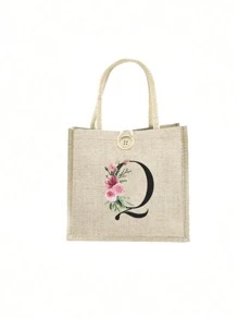 1 pieza Bolso de mano con flor de lino y letra, bolso de gran capacidad sencillo, bolso de almacenamiento casual portátil, bolsa de compras multifuncional, bolsa de regalo personalizada, adecuada para bodas, cumpleaños, playas, festivales, regalos perfectos para mujeres, maestros, amigos, damas de honor, bolsos grandes, estudiantes y vuelta a clases